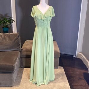 Women’s Full Length Green Chiffon Ruffle Dress Corset Back Leg Slit Size 8